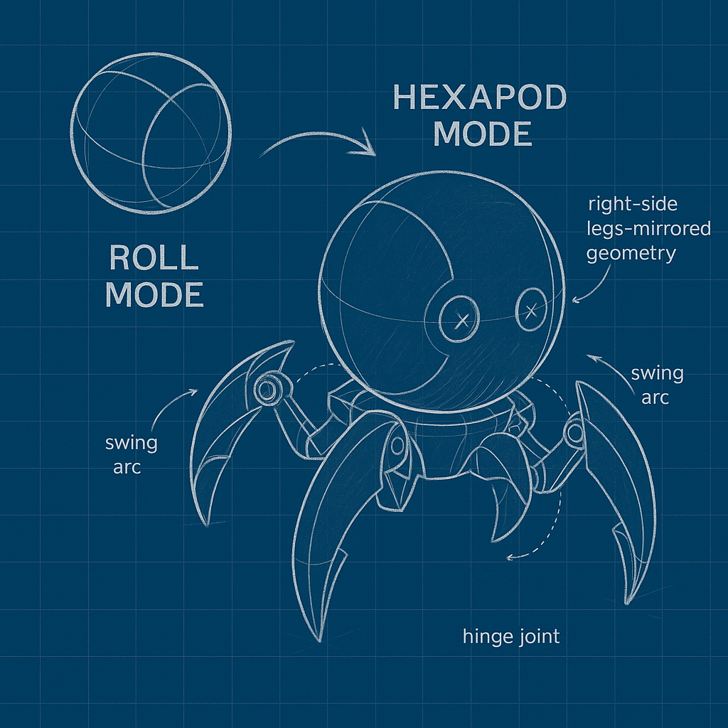 Transformable hexapod, roll mode and hexapod mode